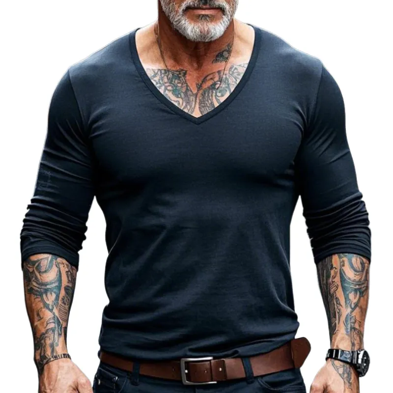 Men's Casual Solid Color V-Neck Cotton Long Sleeve T-Shirt 51137343F sold by Manly