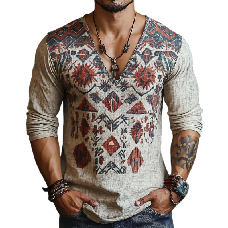 Men's Casual V-neck Printed Cotton Long Sleeve T-shirt 19114762F sold by Manly