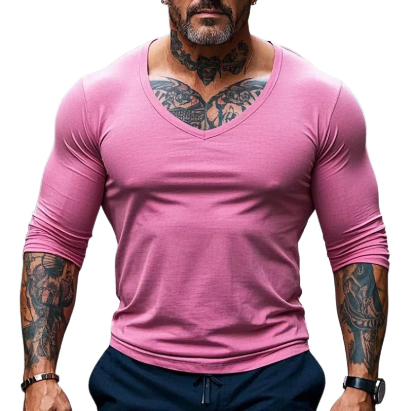 Men's Fashion Slim V-Neck Cotton Long Sleeve T-Shirt 67883269F sold by Manly