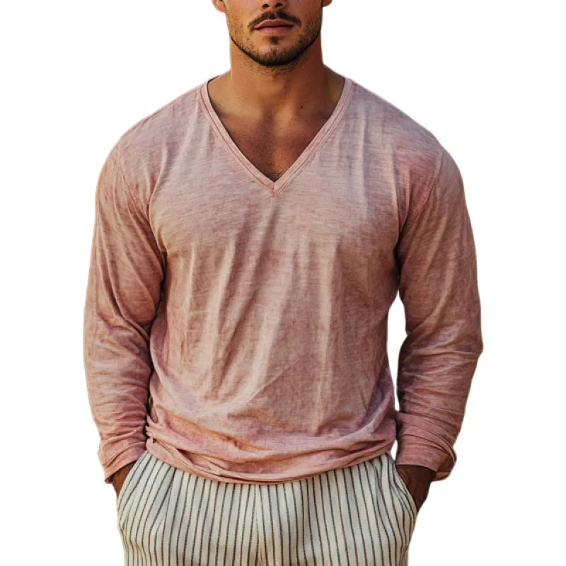 Men's Casual V-neck Colored Cotton Long Sleeve T-shirt 16837095U sold by Manly