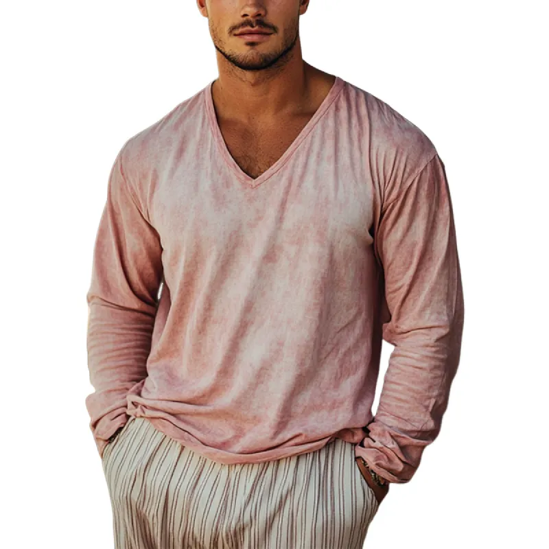 Men's Casual Faux Faded Fabric V-Neck Long Sleeve T-Shirt 96017905U sold by Manly