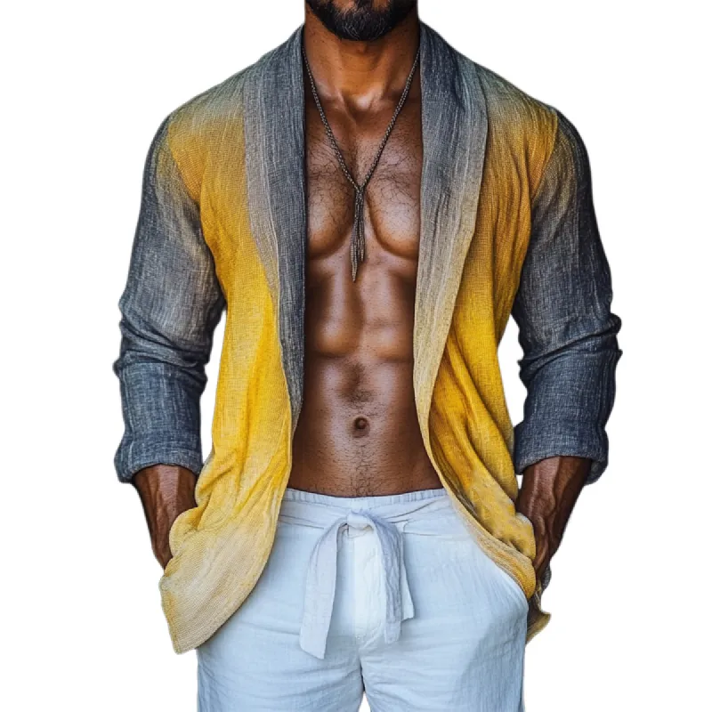 Men's Casual Cotton and Linen Printed Lapel Long Sleeve Buttonless Cardigan Shirt 18728652U sold by Manly