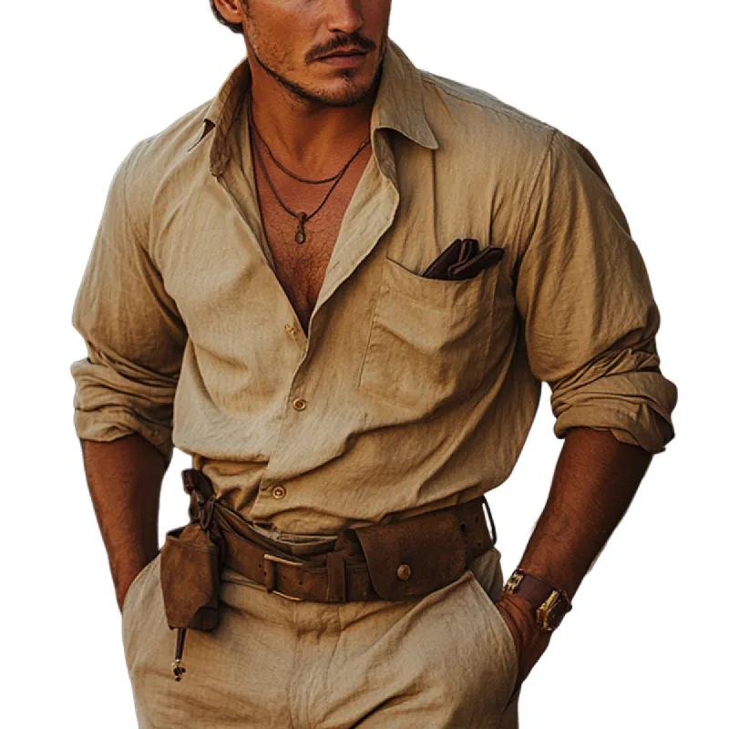 Men's Casual Loose Cotton and Linen Long-sleeved Shirt 34462365U sold by Manly