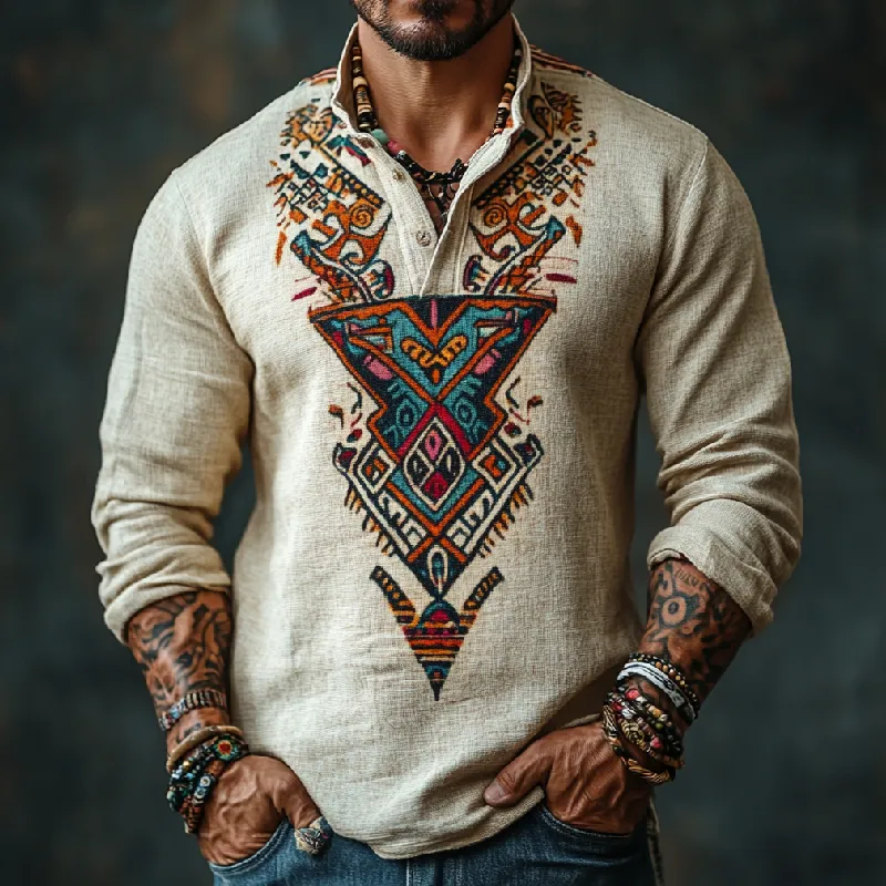 Men's Retro Street Stand Collar Printed Cotton and Linen Long Sleeve POLO Shirt 20241054F sold by Manly product image thumbnail 2