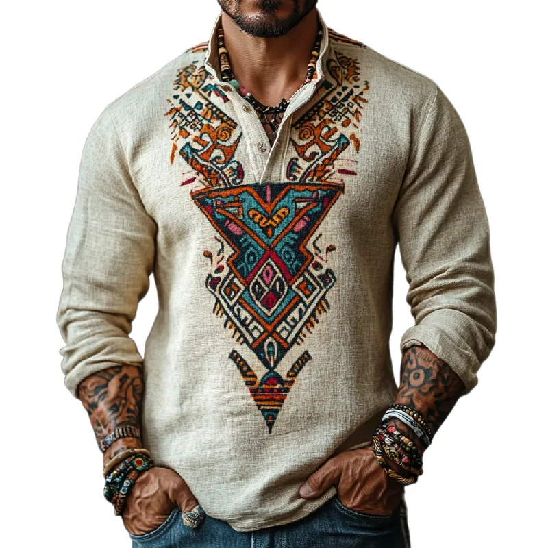 Men's Retro Street Stand Collar Printed Cotton and Linen Long Sleeve POLO Shirt 20241054F sold by Manly