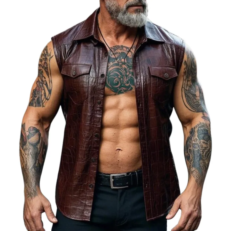 Men's Vintage Casual Lapel Textured Leather Vest 94355103F sold by Manly