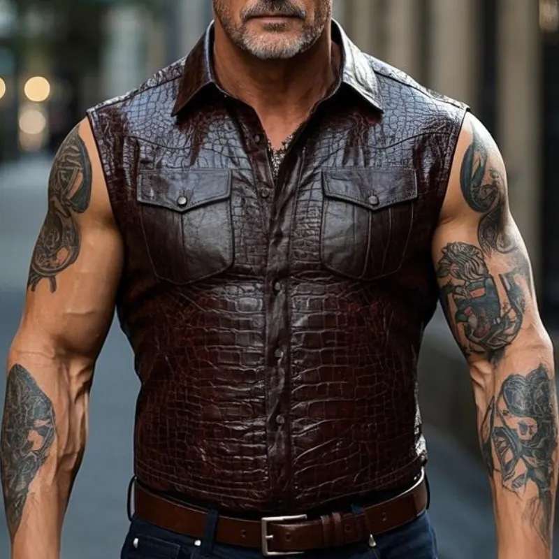 Men's Vintage Casual Lapel Textured Leather Vest 71135164F sold by Manly product image thumbnail 2