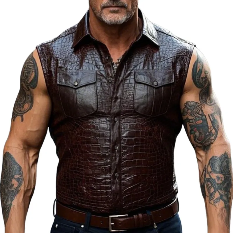 Men's Vintage Casual Lapel Textured Leather Vest 71135164F sold by Manly