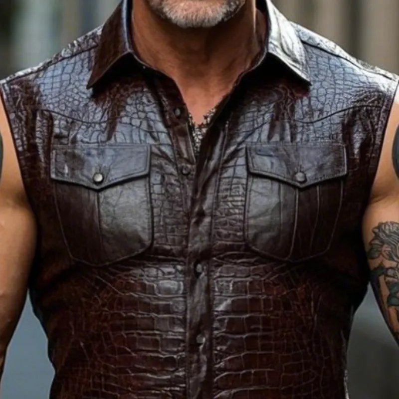 Men's Vintage Casual Lapel Textured Leather Vest 71135164F sold by Manly product image thumbnail 3