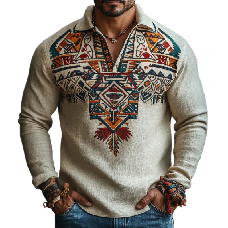 Men's Retro Lapel Printed Cotton and Linen Long Sleeve POLO Shirt 58830625F sold by Manly