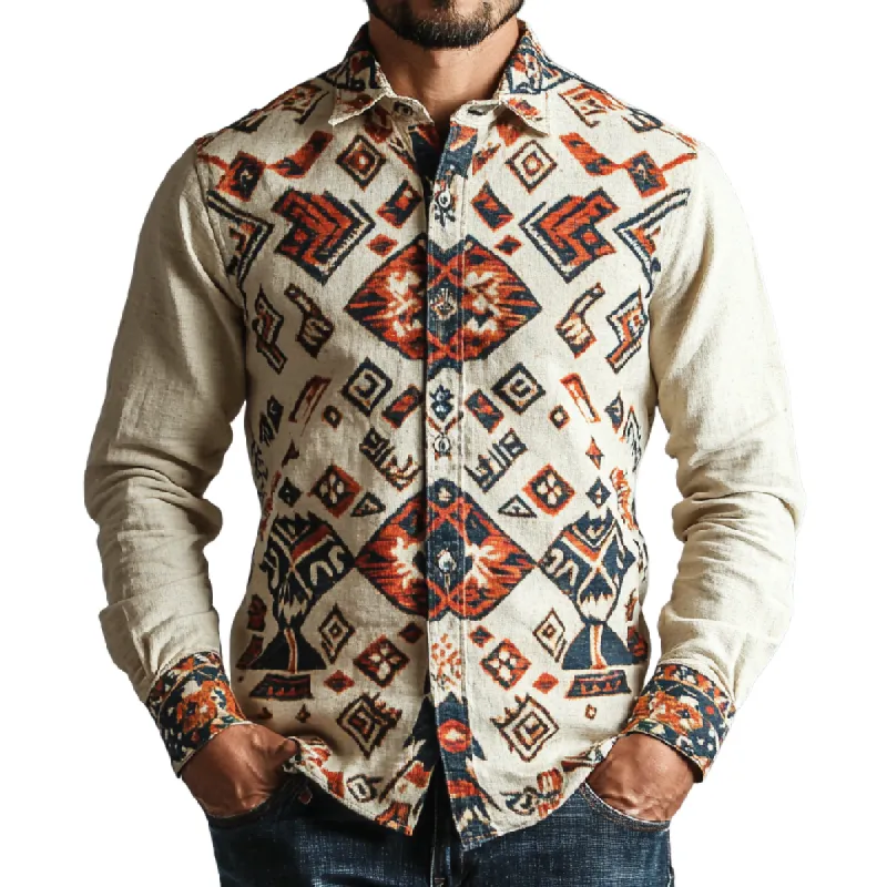 Men's Fashion Cotton and Linen Printed Lapel Long Sleeve Shirt 10148669F sold by Manly