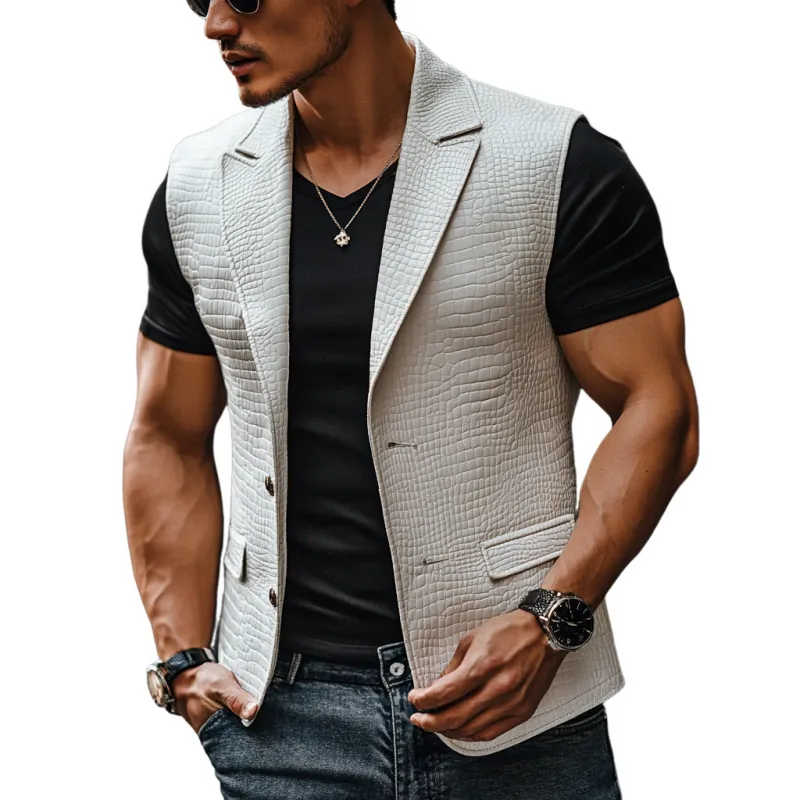 Men's Vintage Matte Crocodile Leather Peaked Lapel Single Breasted Vest 58705966M sold by Manly