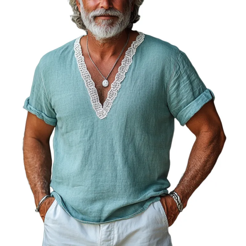 Men's Casual V-neck Cotton and Lace Trim Short-sleeved Shirt 10095661M sold by Manly
