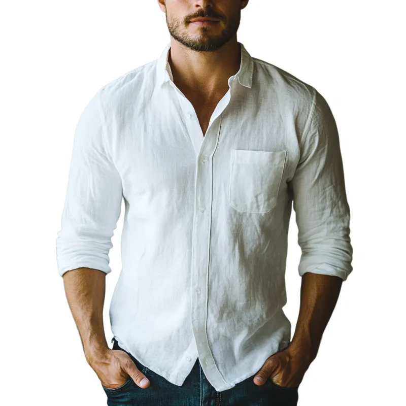 Men's Casual Cotton Linen Lapel Loose Long Sleeve Shirt 07531853M sold by Manly