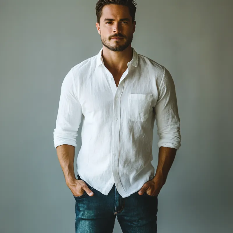 Men's Casual Cotton Linen Lapel Loose Long Sleeve Shirt 07531853M sold by Manly product image thumbnail 3