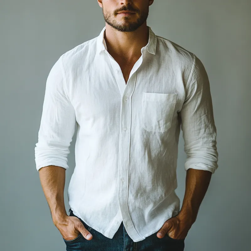 Men's Casual Cotton Linen Lapel Loose Long Sleeve Shirt 07531853M sold by Manly product image thumbnail 2