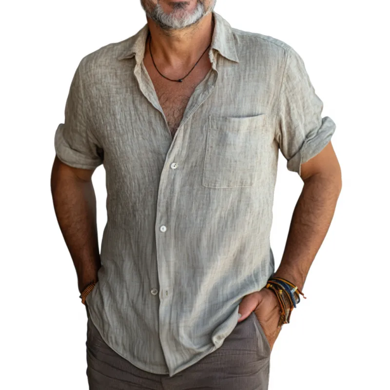 Men's Casual Solid Color Cotton Linen Lapel Loose Short Sleeve Shirt 91412046M sold by Manly