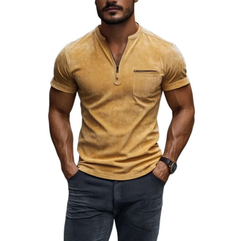 Men's Classic Casual Slim Fit V-Neck Zipper Pocket Suede Short Sleeve T-Shirt 29951507K sold by Manly