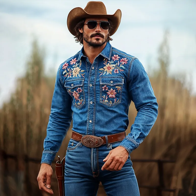 Men's Western Cowboy Style Embroidered Lapel Chest Pocket Long Sleeve Denim Shirt 20384804Z sold by Manly product image thumbnail 3