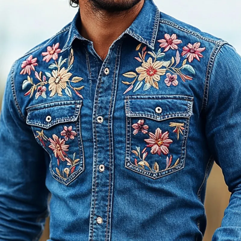 Men's Western Cowboy Style Embroidered Lapel Chest Pocket Long Sleeve Denim Shirt 20384804Z sold by Manly product image thumbnail 4