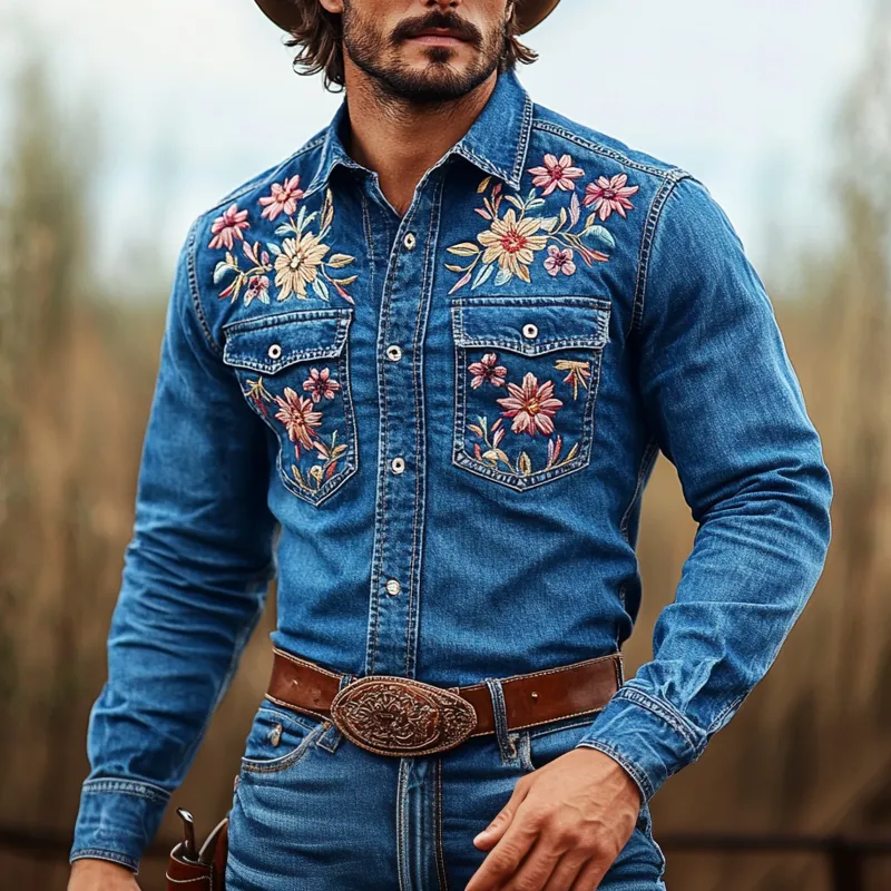 Men's Western Cowboy Style Embroidered Lapel Chest Pocket Long Sleeve Denim Shirt 20384804Z sold by Manly product image thumbnail 2