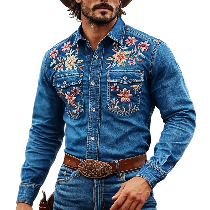 Men's Western Cowboy Style Embroidered Lapel Chest Pocket Long Sleeve Denim Shirt 20384804Z sold by Manly
