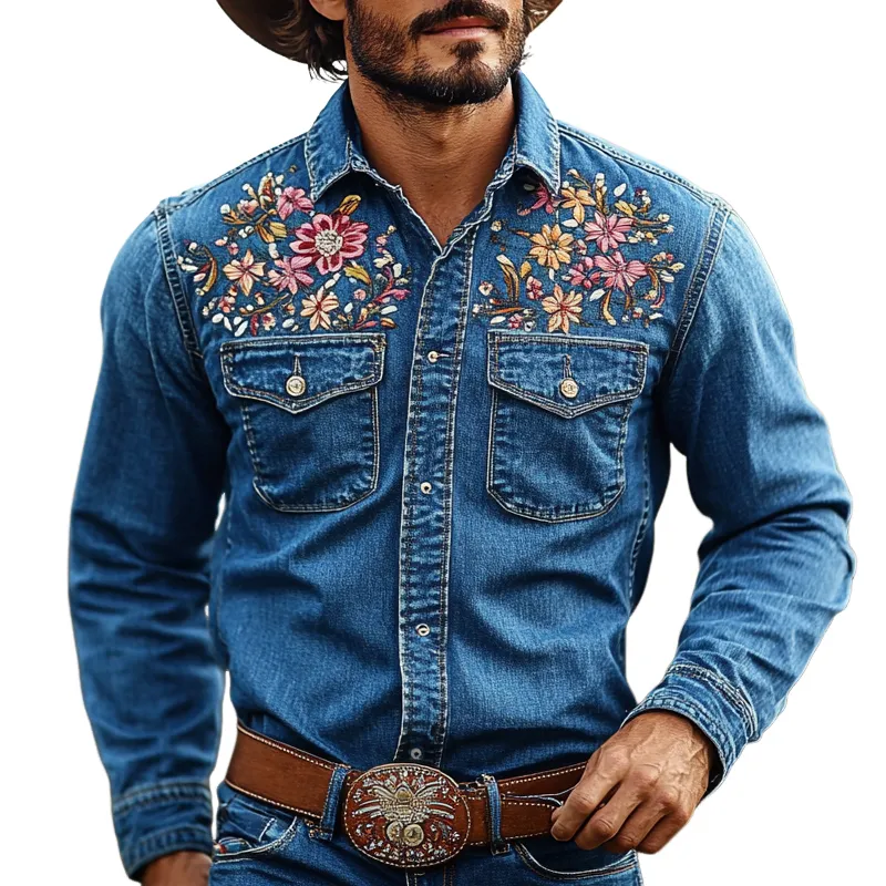 Men's Western Cowboy Style Embroidered Lapel Chest Pocket Long Sleeve Denim Shirt 93430400Z sold by Manly