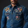 Men's Western Cowboy Style Embroidered Lapel Chest Pocket Long Sleeve Denim Shirt 10549958Z sold by Manly