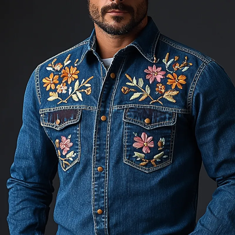 Men's Western Cowboy Style Embroidered Lapel Chest Pocket Long Sleeve Denim Shirt 10549958Z sold by Manly product image thumbnail 4