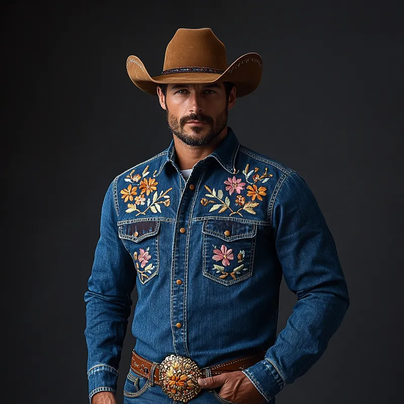 Men's Western Cowboy Style Embroidered Lapel Chest Pocket Long Sleeve Denim Shirt 10549958Z sold by Manly product image thumbnail 3