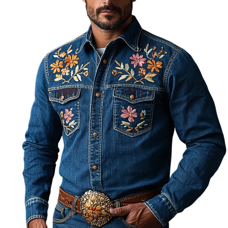 Men's Western Cowboy Style Embroidered Lapel Chest Pocket Long Sleeve Denim Shirt 10549958Z sold by Manly