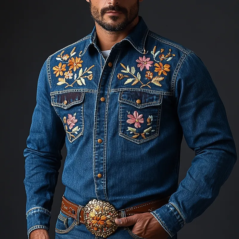 Men's Western Cowboy Style Embroidered Lapel Chest Pocket Long Sleeve Denim Shirt 10549958Z sold by Manly product image thumbnail 2