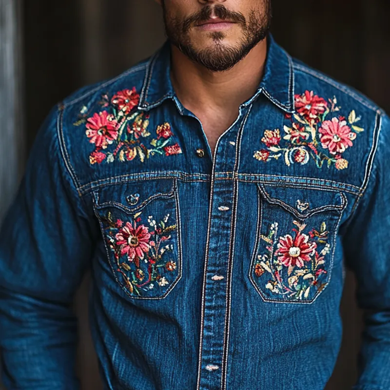 Men's Western Cowboy Style Embroidered Lapel Chest Pocket Long Sleeve Denim Shirt 60931992Z sold by Manly product image thumbnail 3