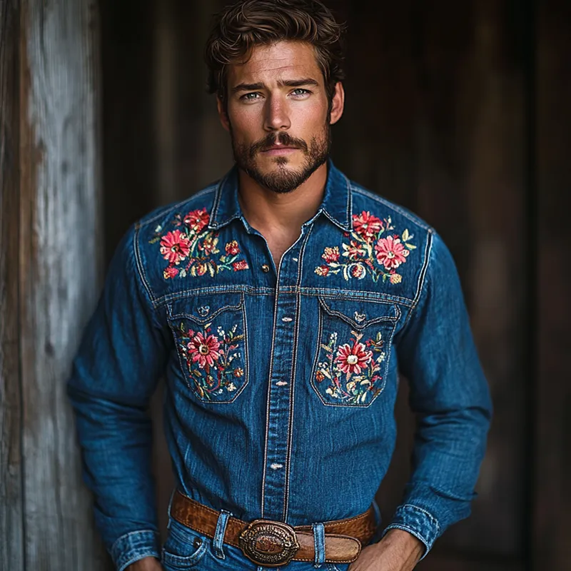 Men's Western Cowboy Style Embroidered Lapel Chest Pocket Long Sleeve Denim Shirt 60931992Z sold by Manly product image thumbnail 4