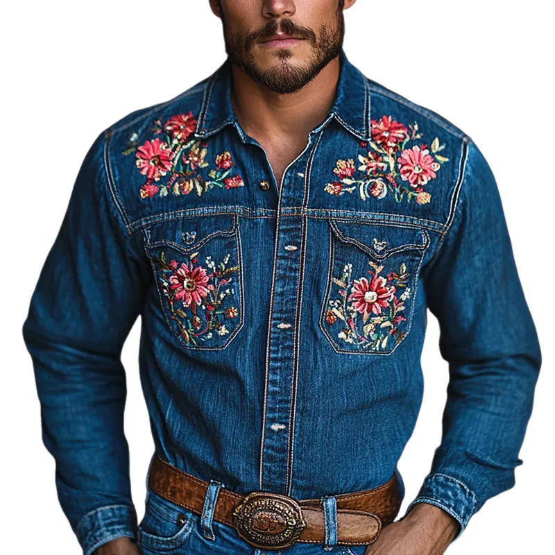 Men's Western Cowboy Style Embroidered Lapel Chest Pocket Long Sleeve Denim Shirt 60931992Z sold by Manly