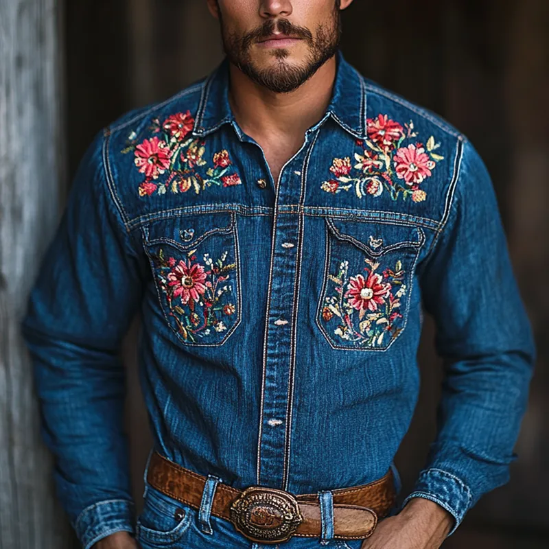 Men's Western Cowboy Style Embroidered Lapel Chest Pocket Long Sleeve Denim Shirt 60931992Z sold by Manly product image thumbnail 2