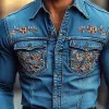Men's Western Cowboy Style Embroidered Lapel Chest Pocket Long Sleeve Denim Shirt 08133213Z sold by Manly