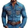Men's Western Cowboy Style Embroidered Lapel Chest Pocket Long Sleeve Denim Shirt 08133213Z sold by Manly