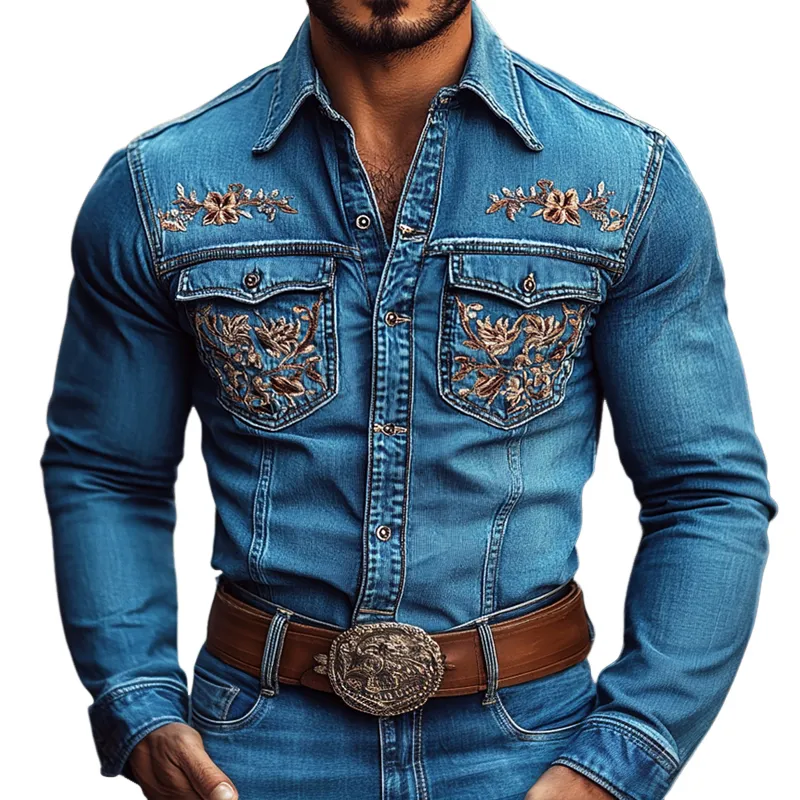 Men's Western Cowboy Style Embroidered Lapel Chest Pocket Long Sleeve Denim Shirt 08133213Z sold by Manly