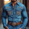 Men's Western Cowboy Style Embroidered Lapel Chest Pocket Long Sleeve Denim Shirt 08133213Z sold by Manly