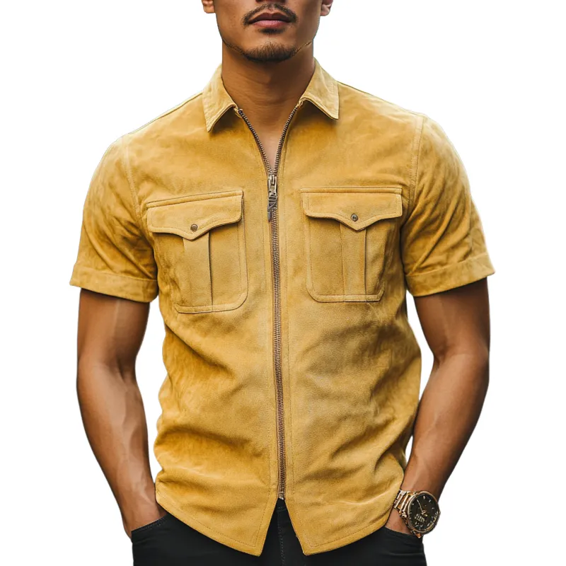 Men's Retro Casual Slim Lapel Multi-Pocket Suede Short Sleeve Shirt 55066932K sold by Manly