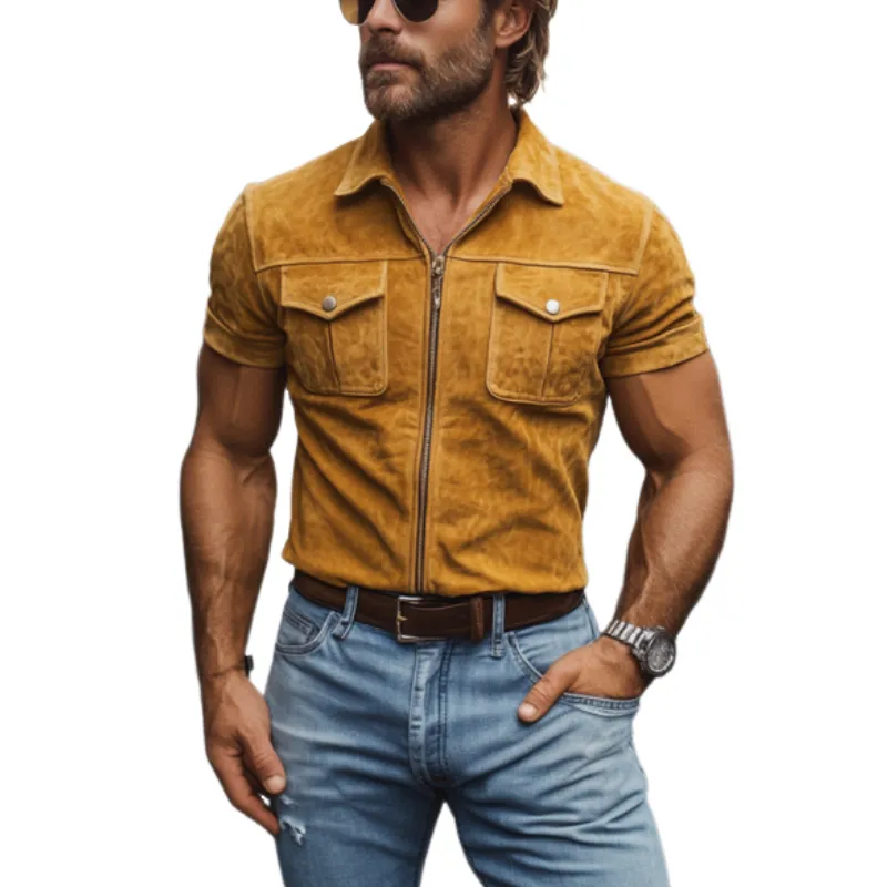 Men's Classic Retro Slim Lapel Multi-Pocket Suede Short Sleeve Shirt 29700383K sold by Manly