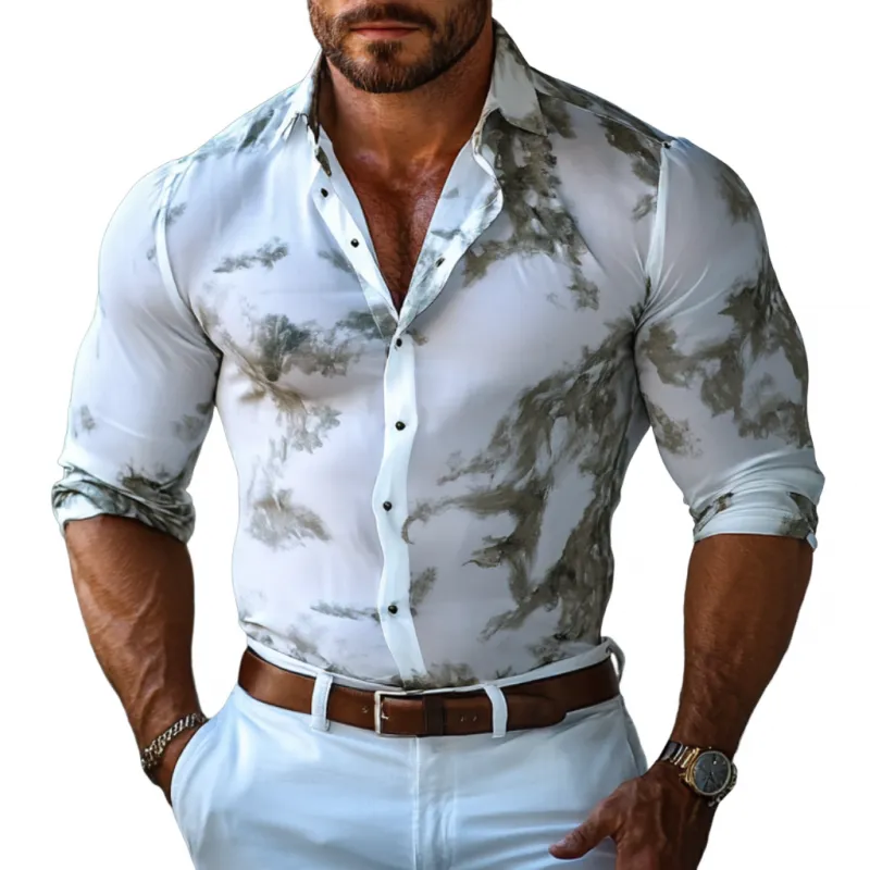 Men's Casual Transparent Chiffon Print Lapel Slim Fit Long Sleeve Shirt 68081015M sold by Manly