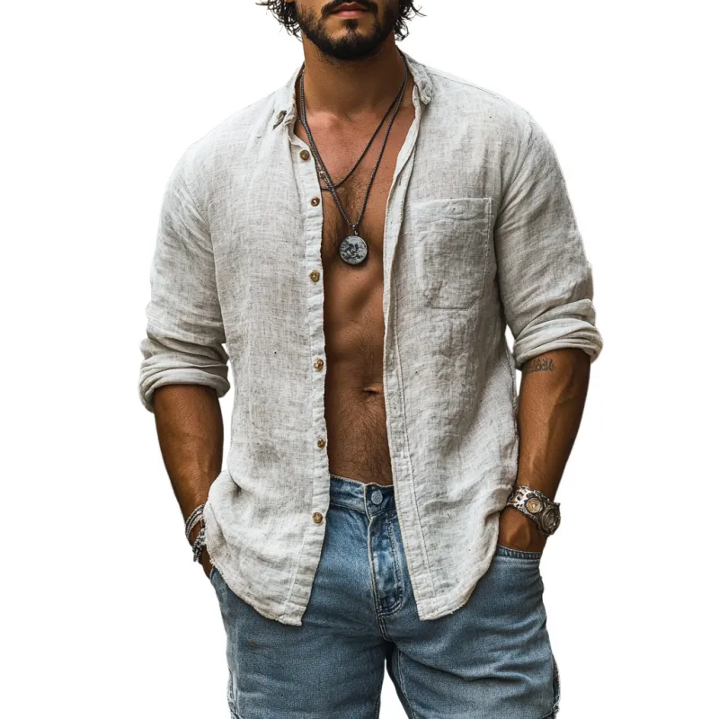 Men's Casual Linen Lapel Patch Pocket Loose Long Sleeve Shirt 01418309M sold by Manly