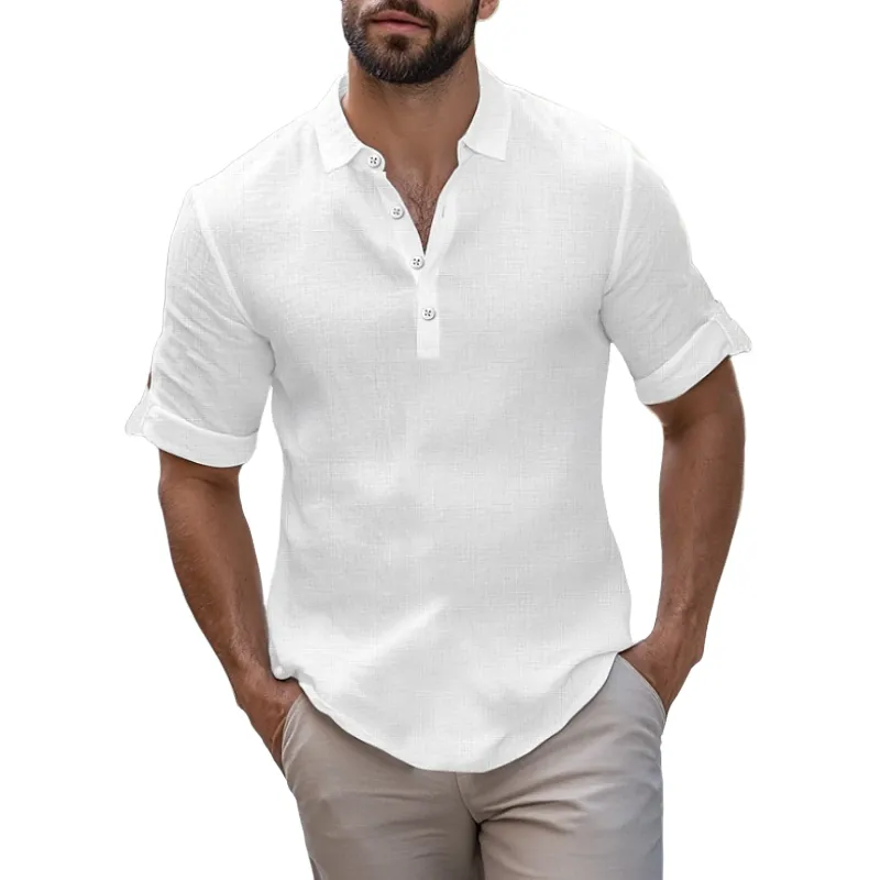 Men's Casual Cotton Linen Lapel Short-sleeved Pullover Shirt 61391167M sold by Manly