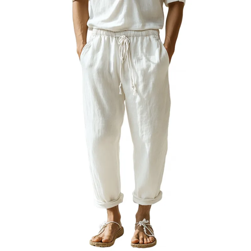 Men's Casual Cotton Linen Elastic Waist Drawstring Loose Pants 79451730M sold by Manly