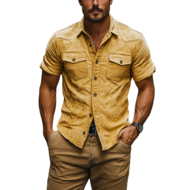Men's Classic Retro Western Fit Multi-Pocket Suede Short Sleeve Shirt 88235754K sold by Manly