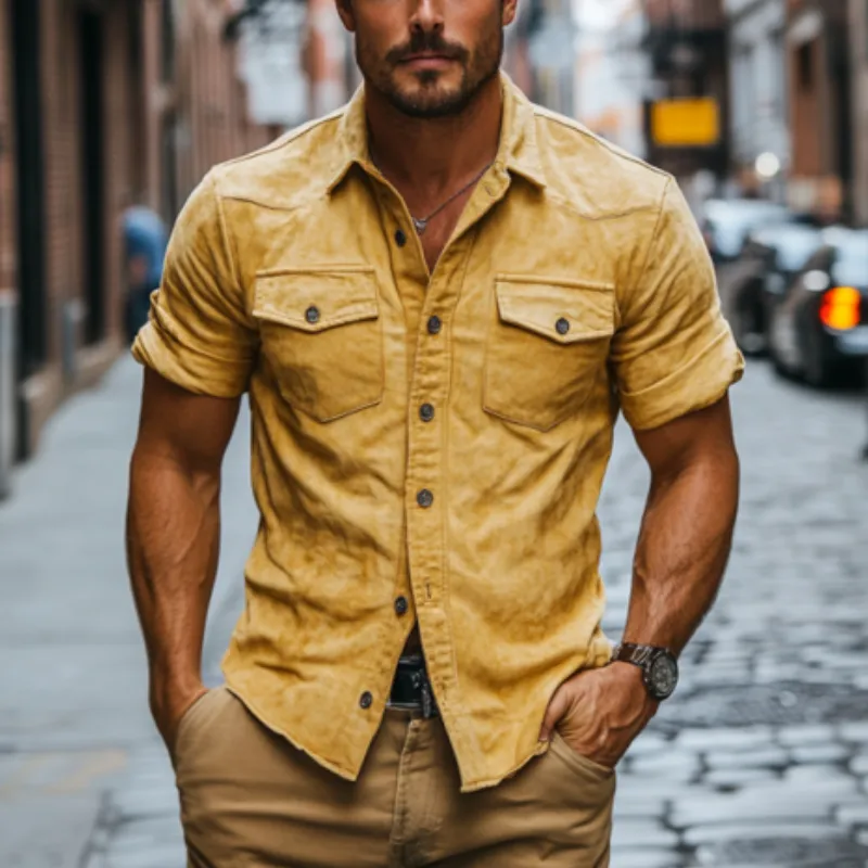 Men's Classic Retro Western Fit Multi-Pocket Suede Short Sleeve Shirt 88235754K sold by Manly product image thumbnail 3