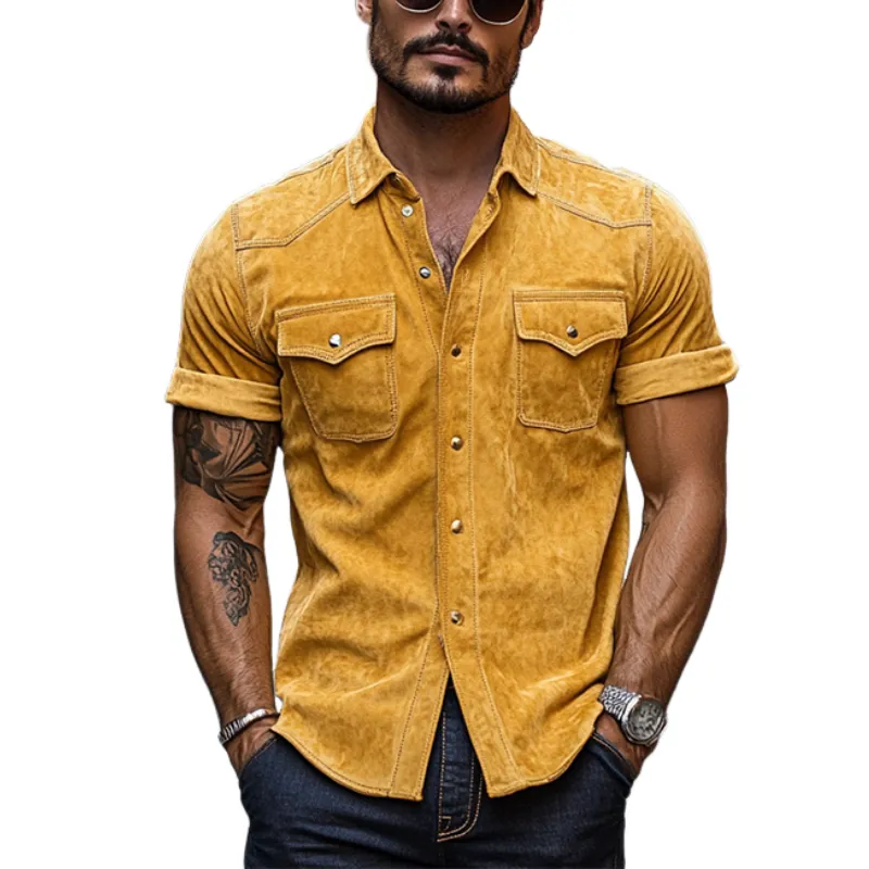 Men's Classic Retro Western Fit Multi-Pocket Suede Rolled Hem Short Sleeve Shirt 03623865K sold by Manly