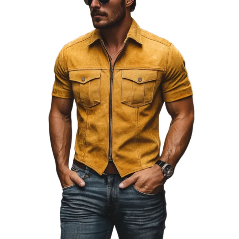 Men's Classic Vintage Western Slim Fit Zip-Up Suede Short Sleeve Shirt 80729061K sold by Manly